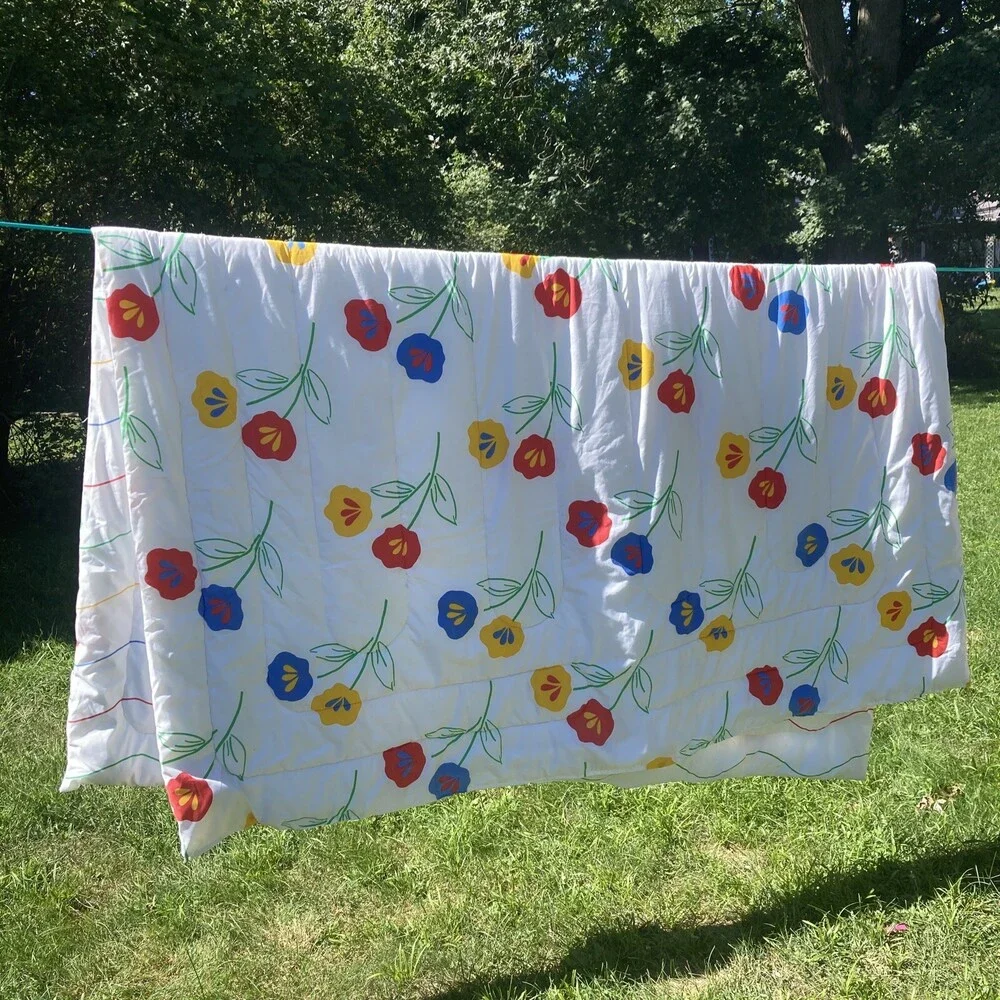 VTG Twin Comforter Burlington Colorful Floral Waves Marimekko Style 80s Rainbow